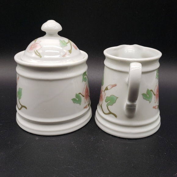 Korean Hand Painted Pink Green Floral Porcelain Cream & Lidded Sugar Set - Picture 2 of 9